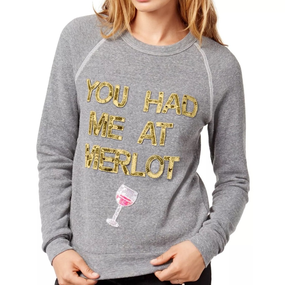 Bow & Drape Womens You Had Me At Merlot Sequined Sweatshirt Gray Medium